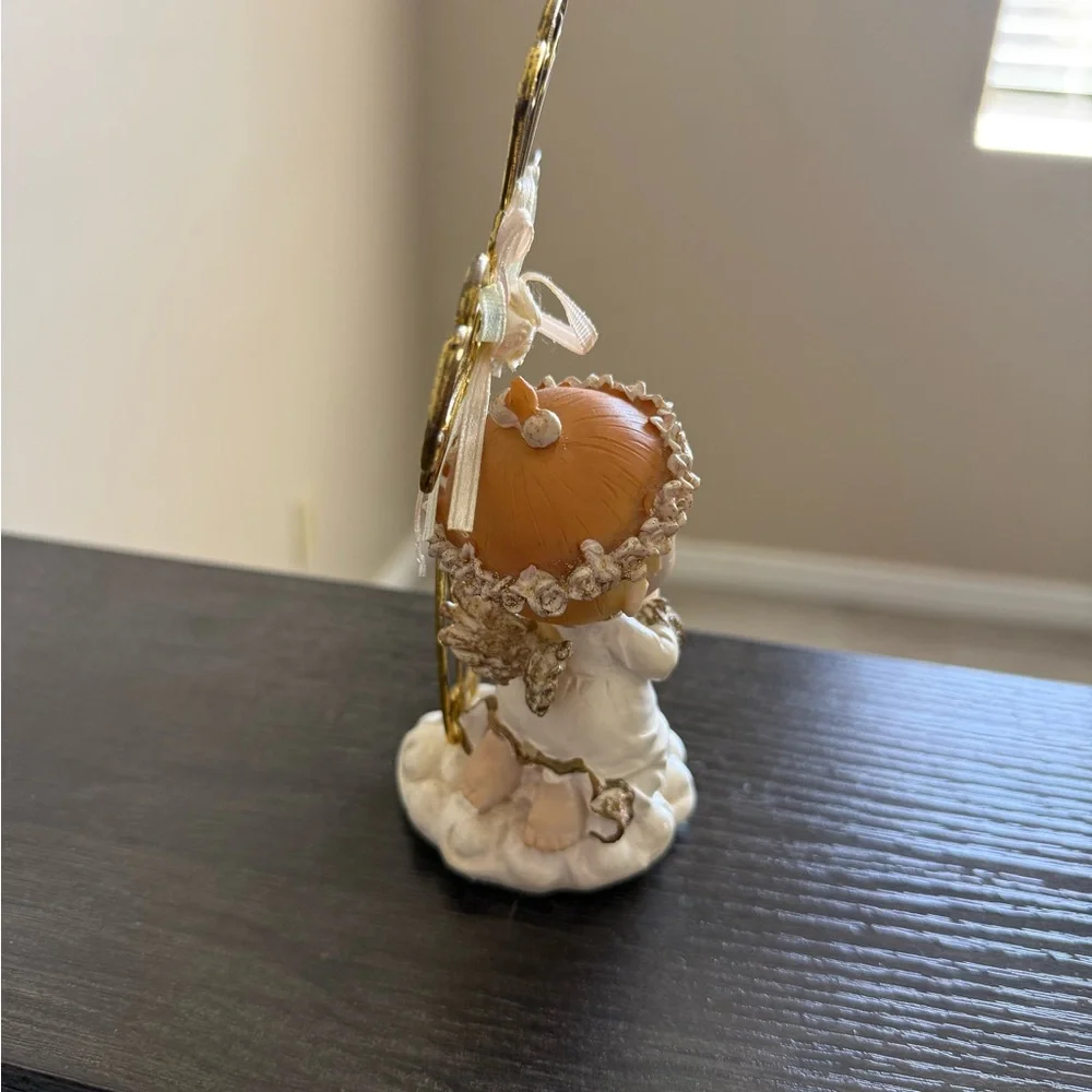 White and Gold Angel Favor Figurine with Teddy and Cross Accent